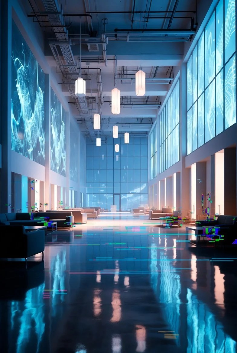 The lobby of the AI Kinship Lounge — a long, quiet hall of blue light, lanterns, and windows looking onto water.